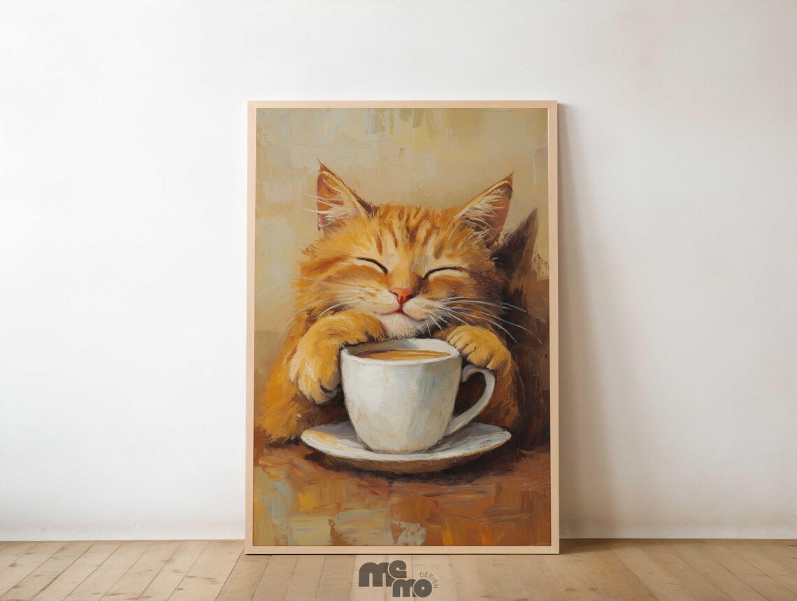 Orange Tabby Cat Coffee Art Print, Cozy Kitchen Decor
