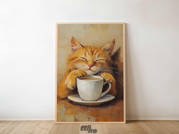Orange Tabby Cat Coffee Art Print, Cozy Kitchen Decor