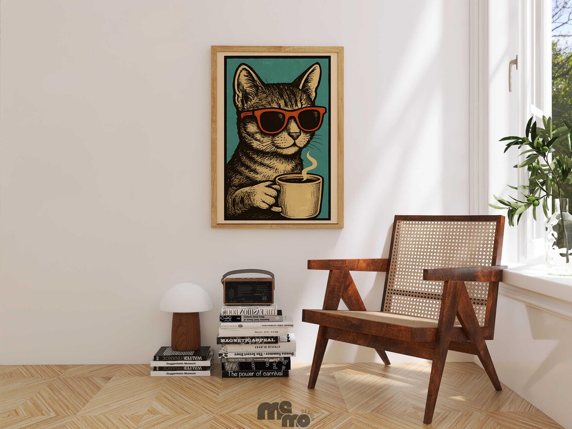 Funny Cat Drinking Coffee, Vintage Cat Art - Image 2