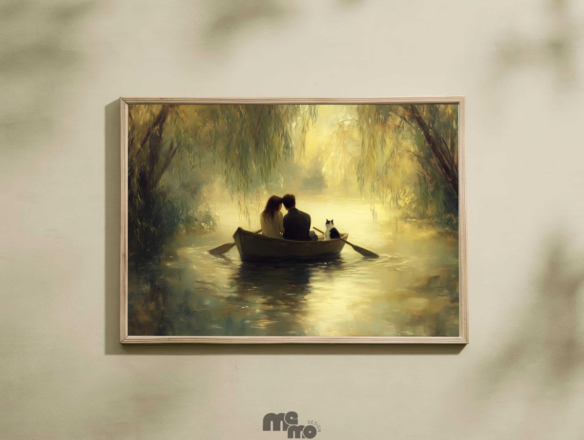 Romantic Couple Rowboat with Cat Misty Willow River Golden Poster