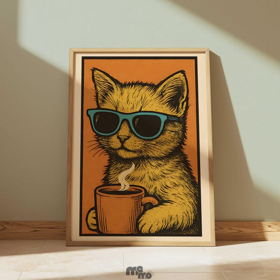 Retro Orange Cat Drinking Coffee Poster Ginger Tabby Funny Wall Art Vintage Premium Matte Paper Gift For Lovers Home Decor
