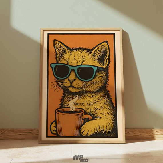 Retro Orange Cat Sunglasses Drinking Coffee Vintage Fun Poster
