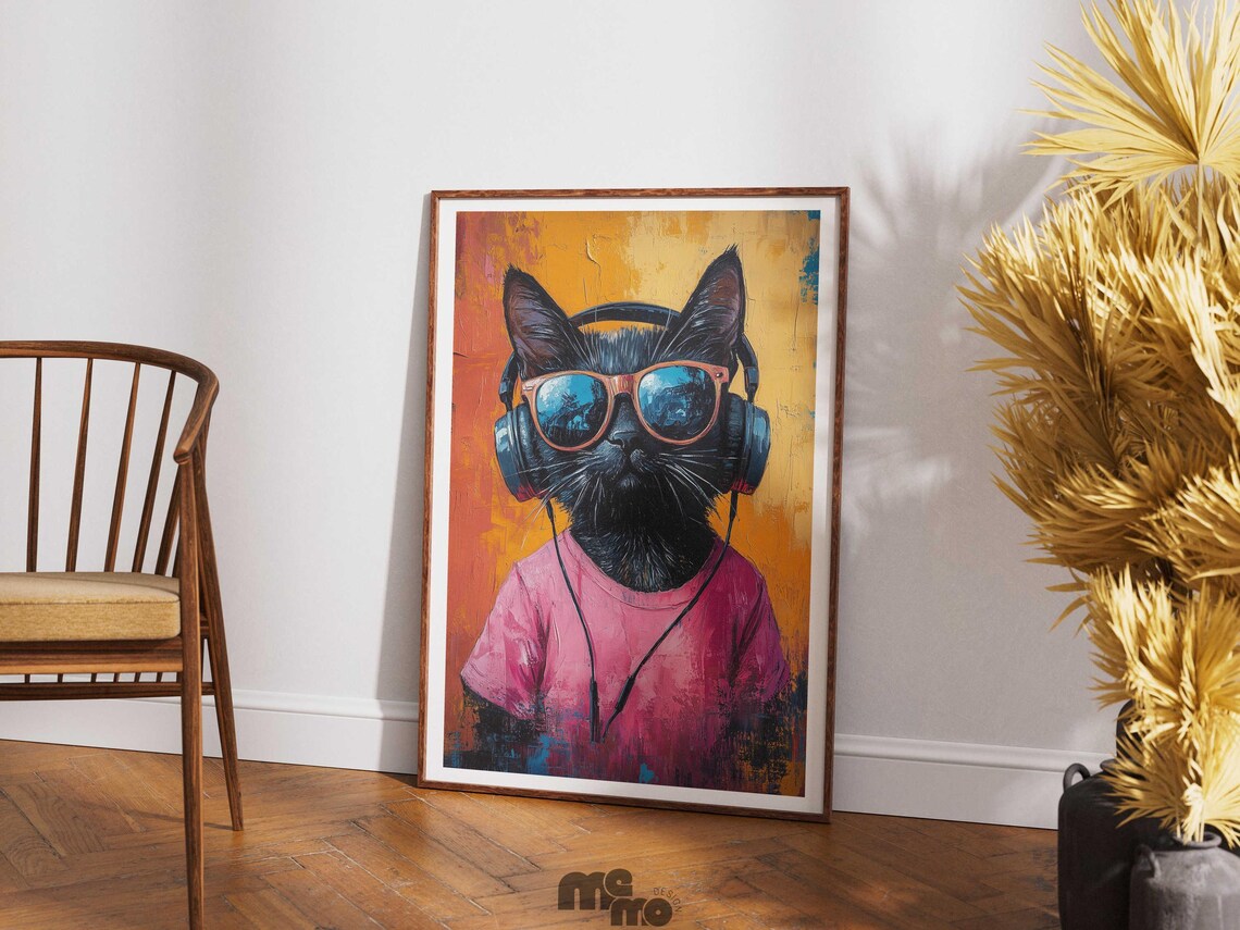 Dj Black Cat, Funny Retro Oil Painting Art Print - Image 2