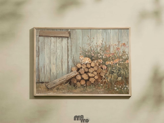 Orange Tabby Cat Poster Rustic Barn Firewood Wildflower Country Art
