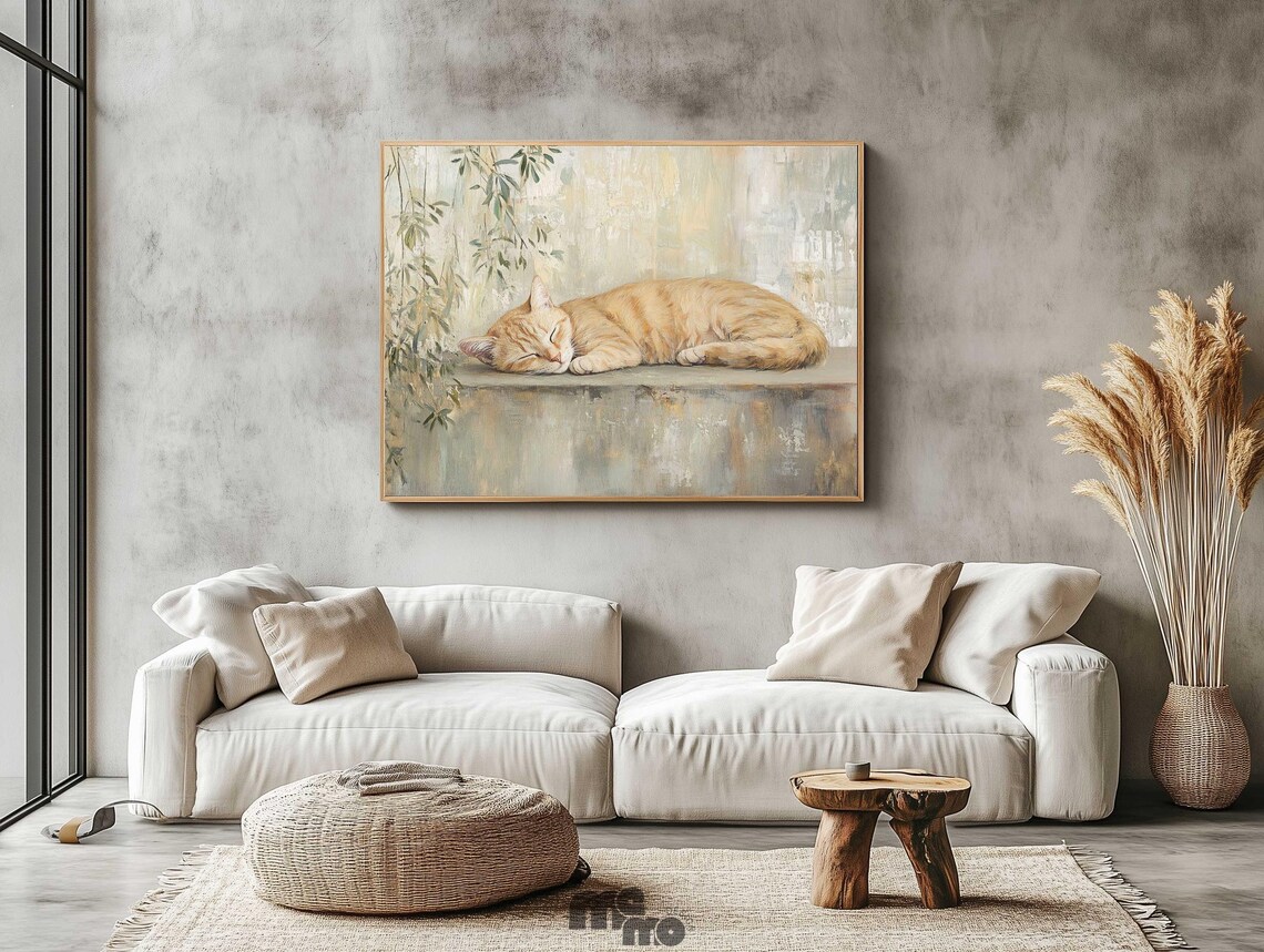 Sleeping Orange Tabby Cat, Minimalist Rustic Art Print - Image 2