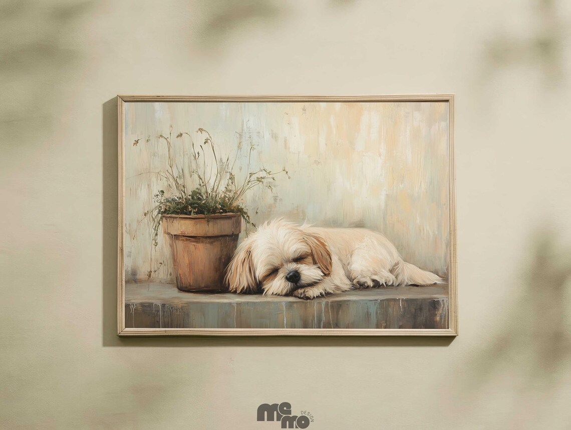 Sleeping Shih Tzu Dog Rustic Boho Art Print