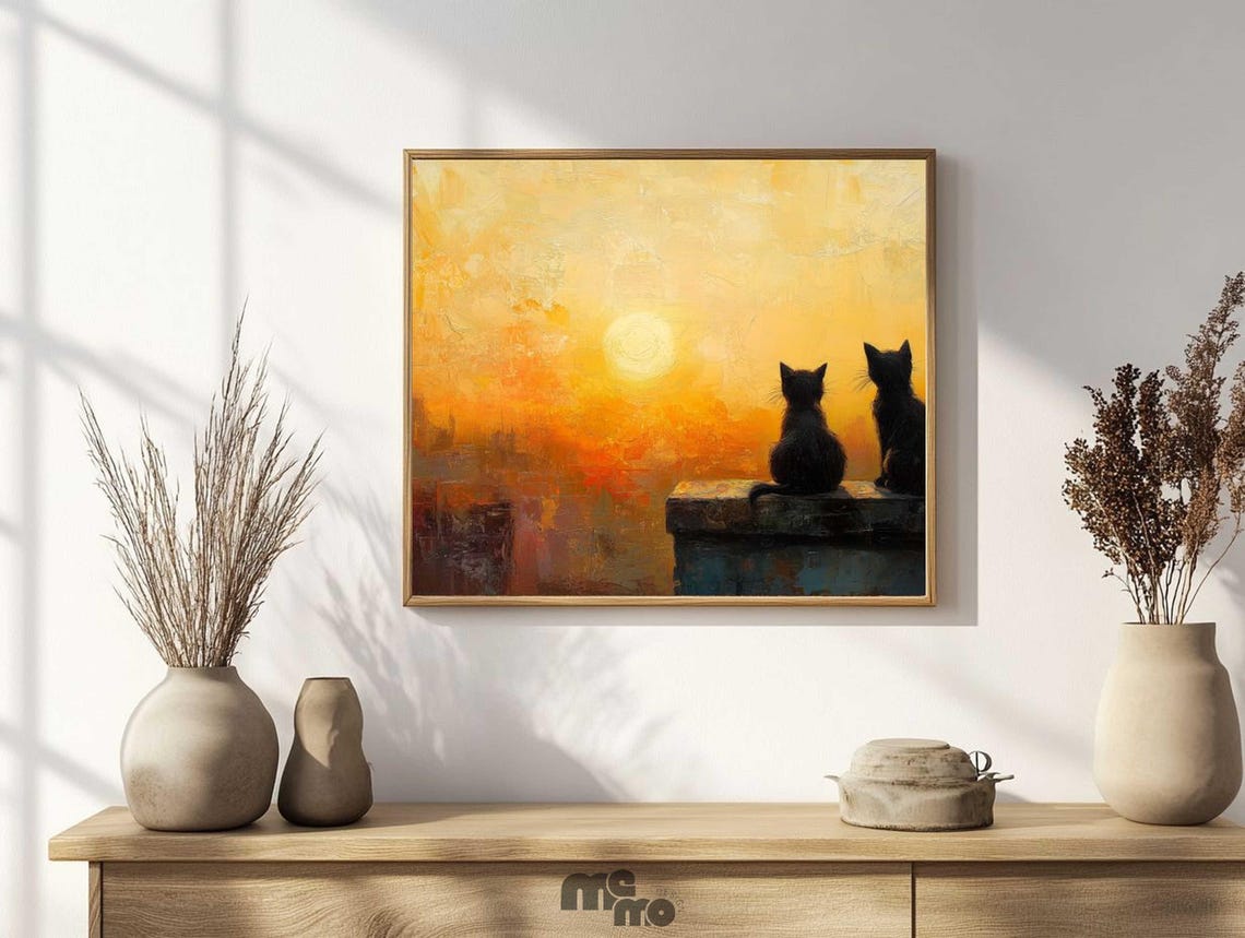 Two Black Cats Watching Sunset, Minimalist Art Print - Image 3
