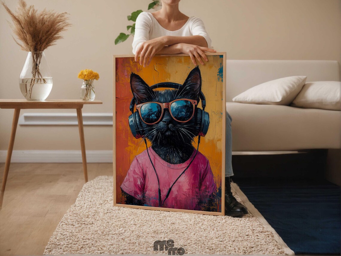 Dj Black Cat, Funny Retro Oil Painting Art Print - Image 6