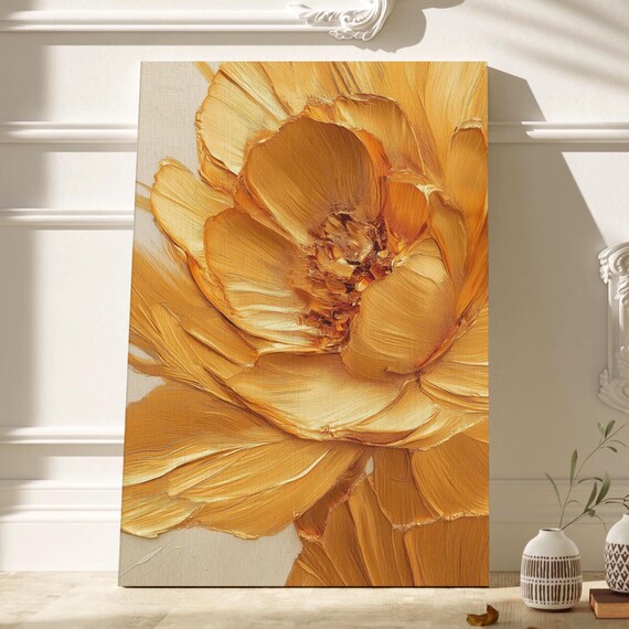 Luxury Gold Floral Impasto Flower Wall Art Modern Textured Artwork Unframed Print For Minimalist Elegant Decor