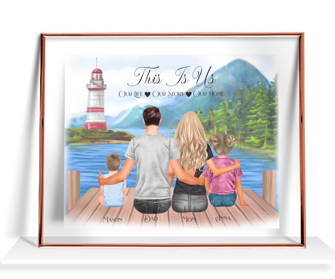 Family of Four on a Lakeside Dock with Lighthouse 'This Is Us' Poster