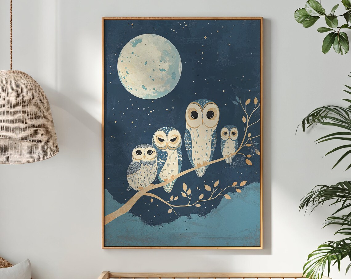 Whimsical Owl Family Moonlight Nursery Art Print