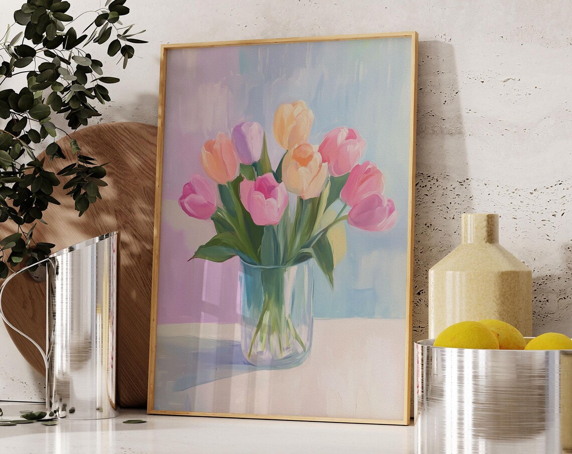 Colorful Tulips in a Glass Vase Pastel Bouquet Painting Print - Image 3