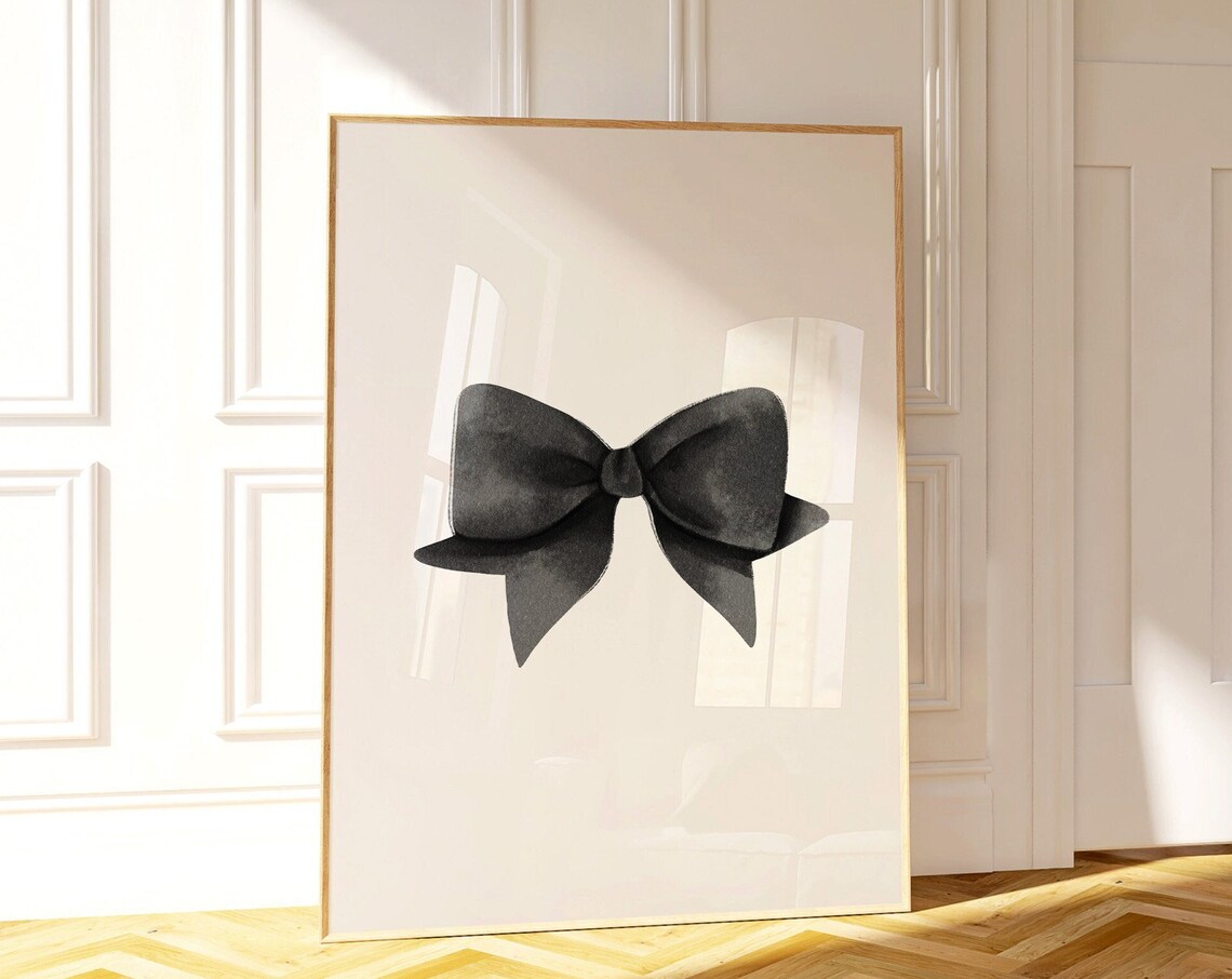 Black Bow Watercolor Cream Background Coquette Minimal Poster