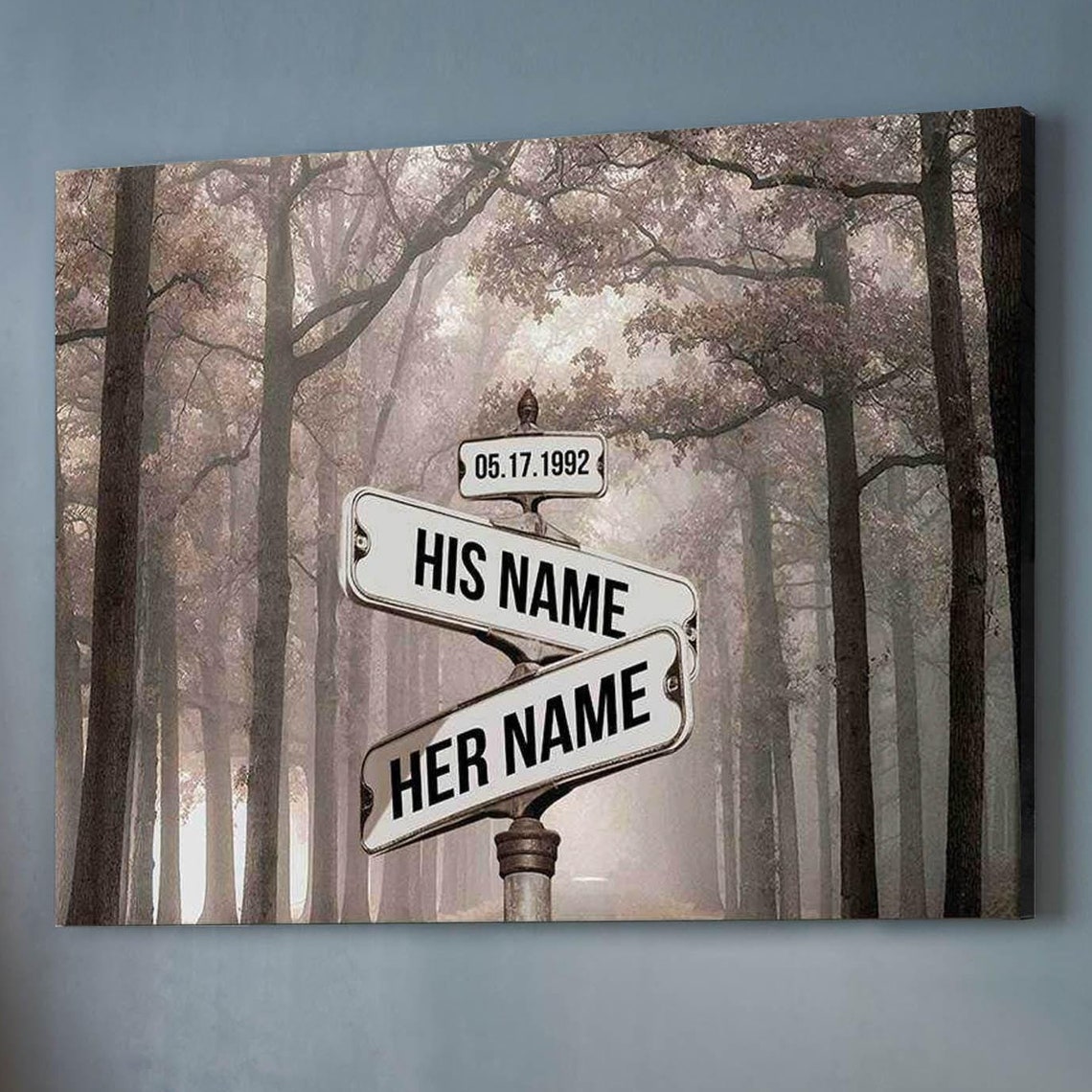 Personalized His And Her Street Sign Misty Forest Couple Poster