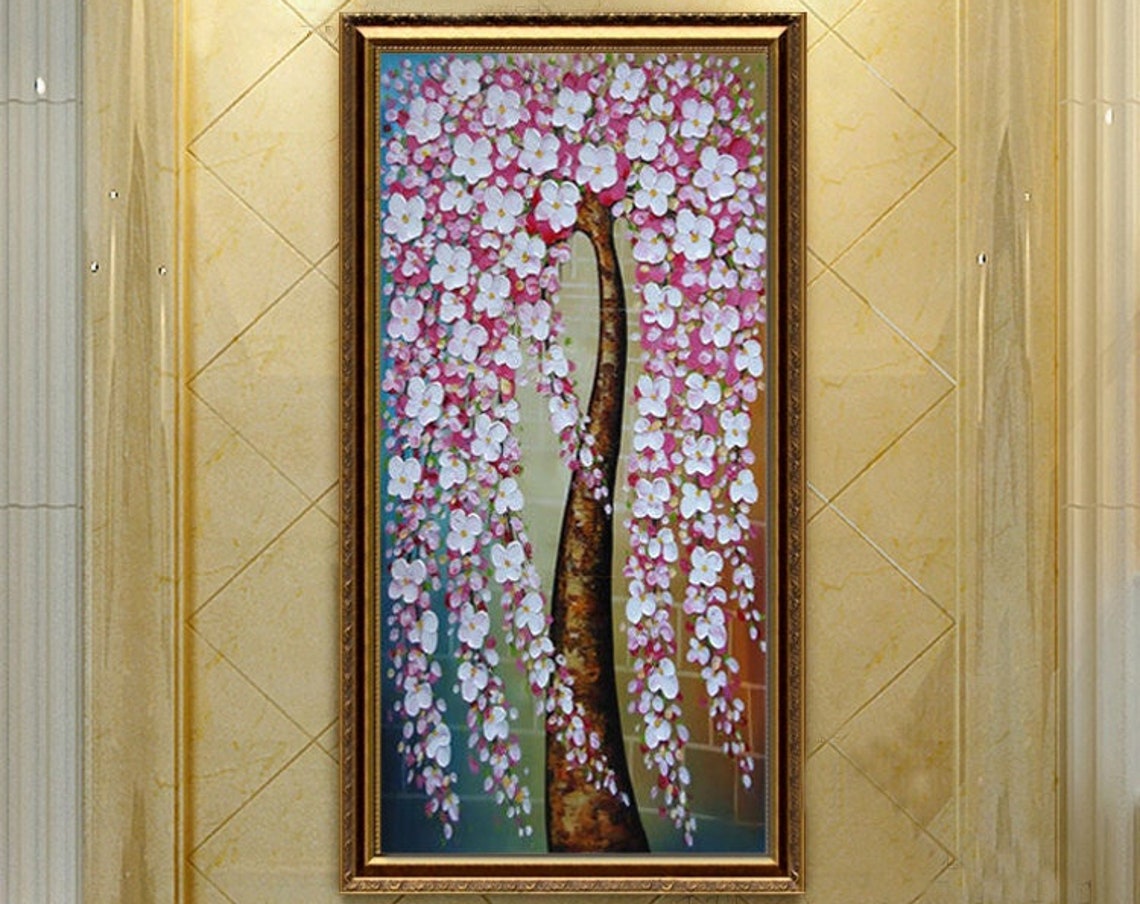 Weeping Pink Cherry Blossom Tree Cascading Flowers Oil Poster