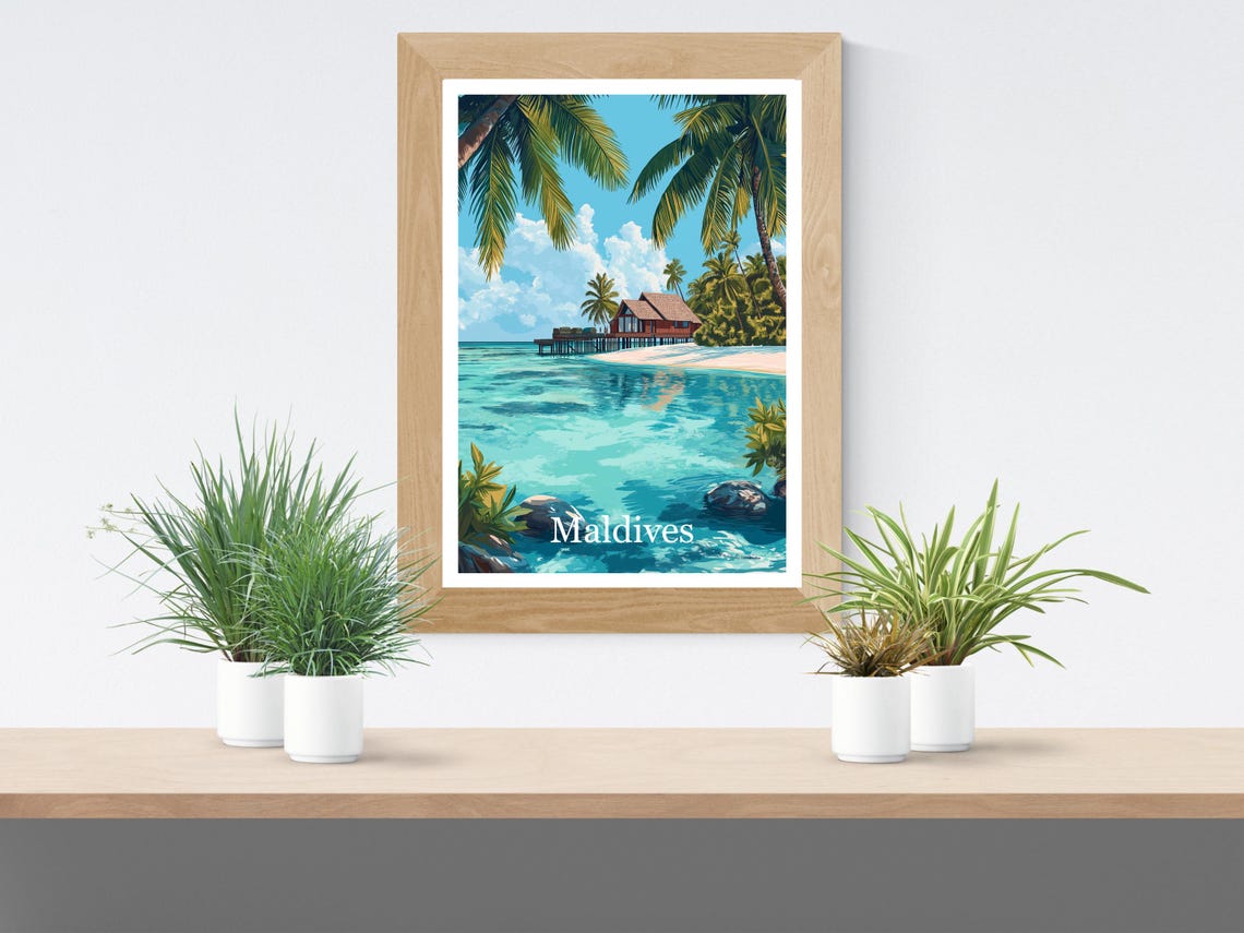 Maldives Tropical Island Overwater Villa in a Turquoise Lagoon Poster - Image 2