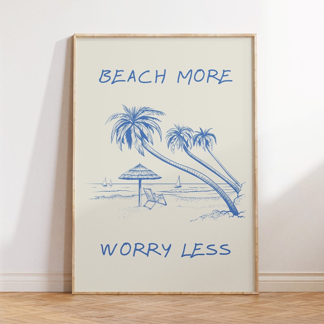 Coastal Beach More Worry Less Blue Palm Tree Beach Scene Poster