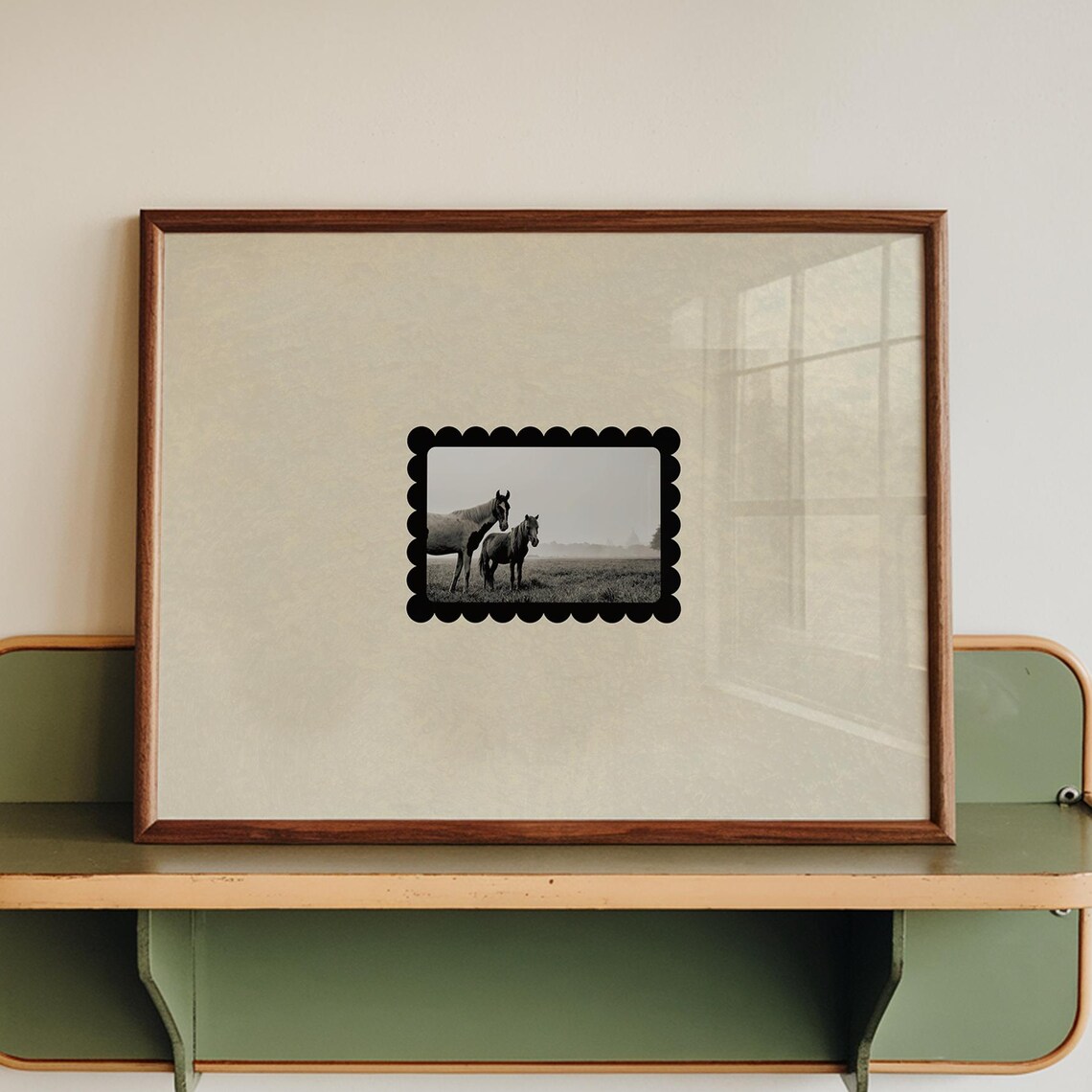 Vintage Horse Photograph Scalloped Frame Minimal Equestrian Poster