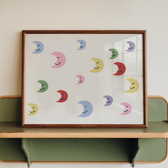 Colorful Moon Print Whimsical Nursery Wall Art Digital Download Horizontal