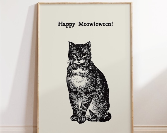 Happy Meowloween Vintage Black Cat Engraving Halloween Pun Poster