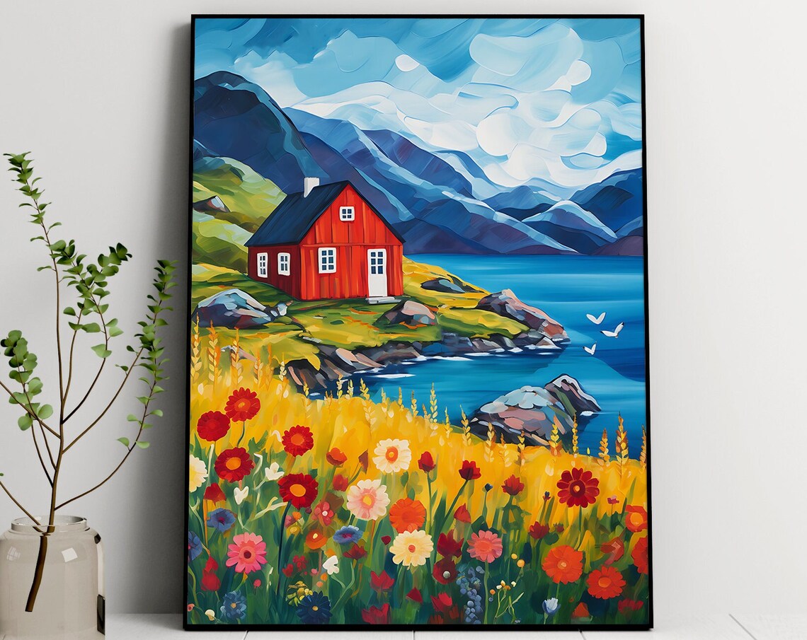 Norway Travel Poster, Wooden House And Mountain