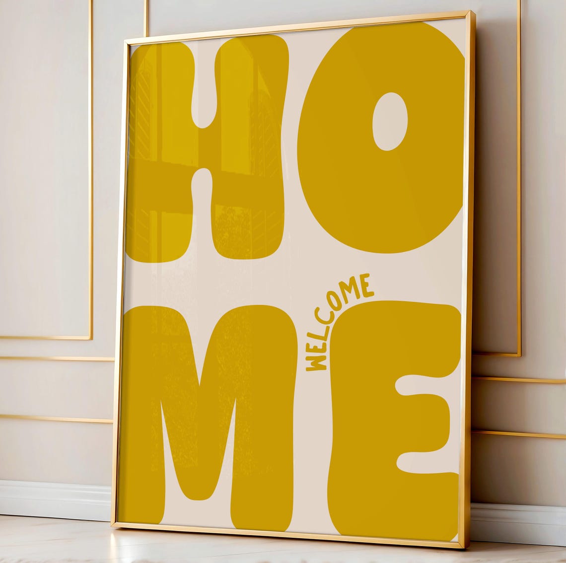 Welcome Home Mustard Yellow Retro Bubble Letters Typography Poster