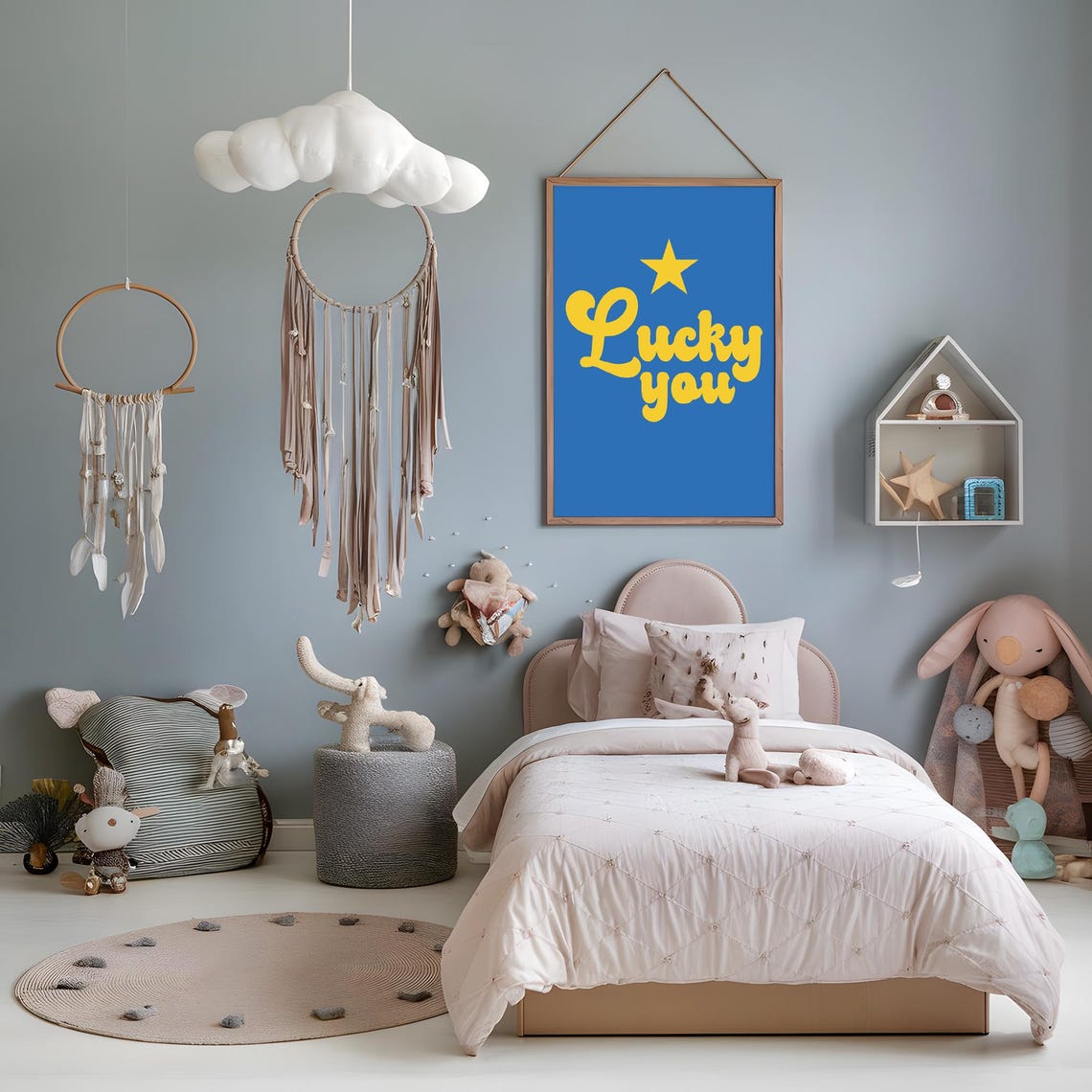 Lucky You Yellow Groovy Script Star Bright Blue Trendy Art Poster - Image 3