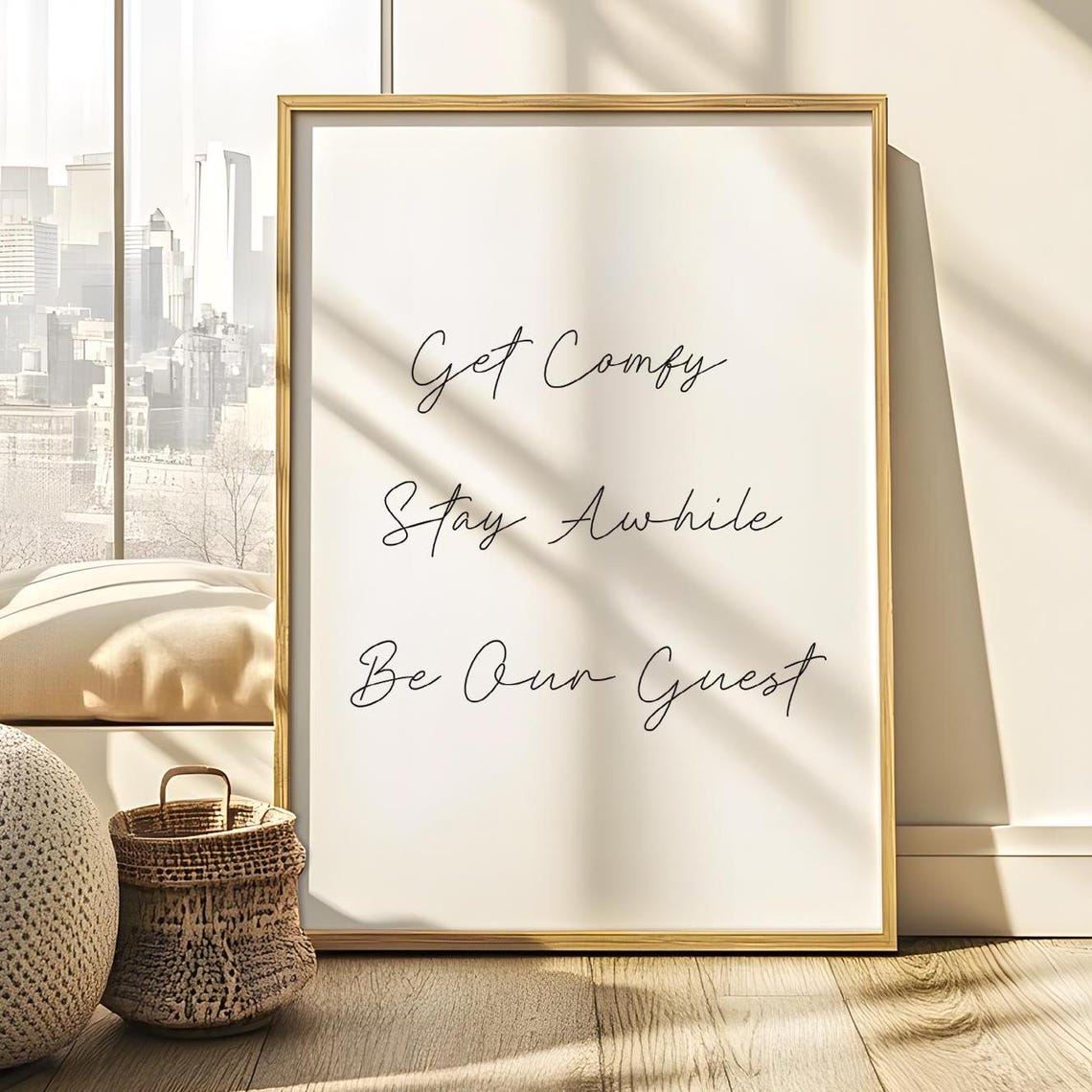 Get Comfy Stay Awhile Be Our Guest Gold Frame Script Welcome Poster