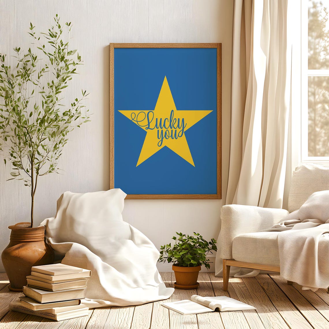 Lucky You Script Lettering Yellow Star Retro Blue Wall Decor Poster - Image 4