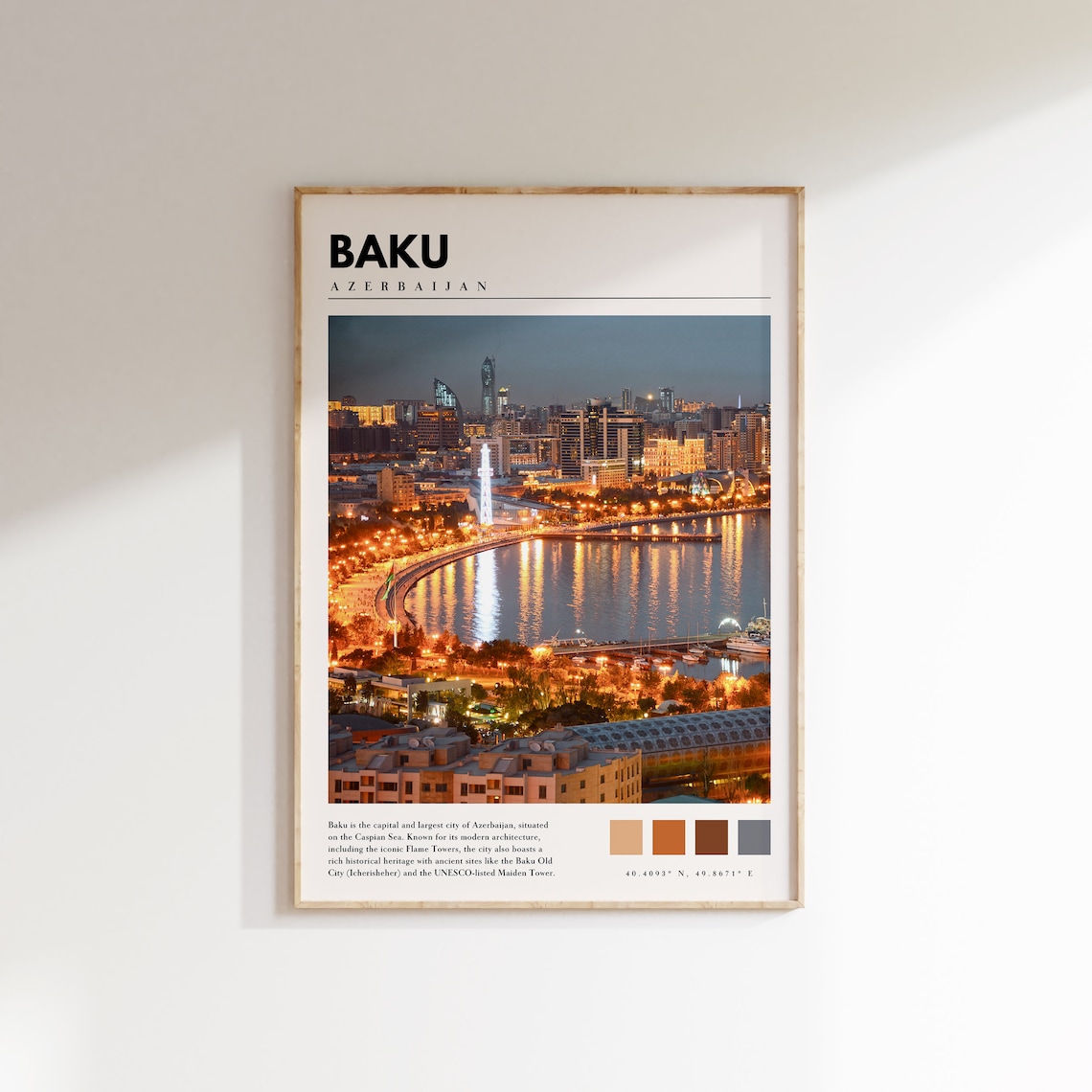 Baku Azerbaijan Caspian Sea Waterfront Night Lights Cityscape Poster