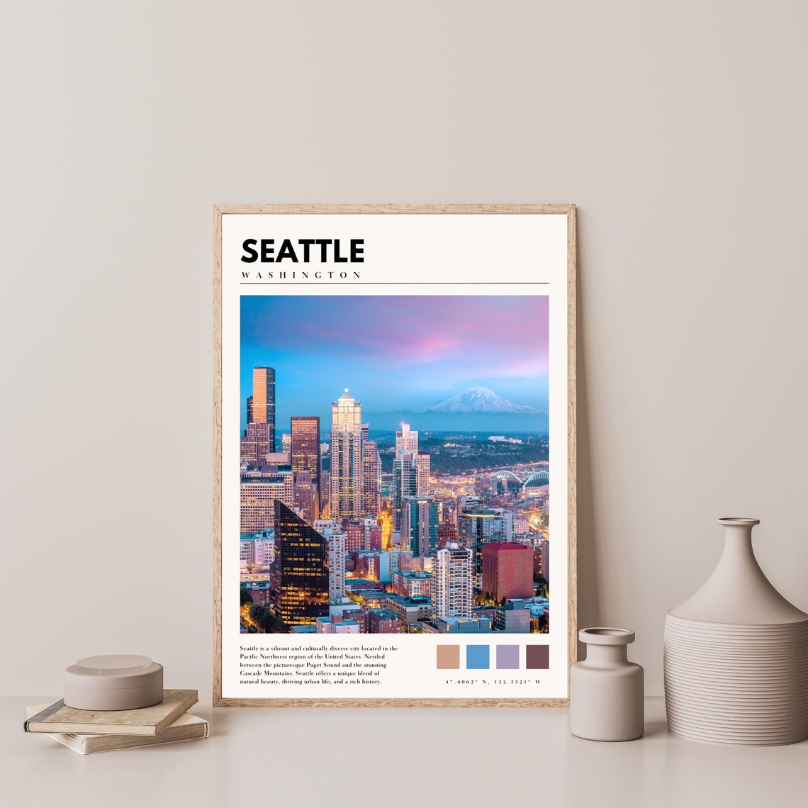 Seattle Twilight Poster with Downtown Skyline and Mount Rainier View - Image 4