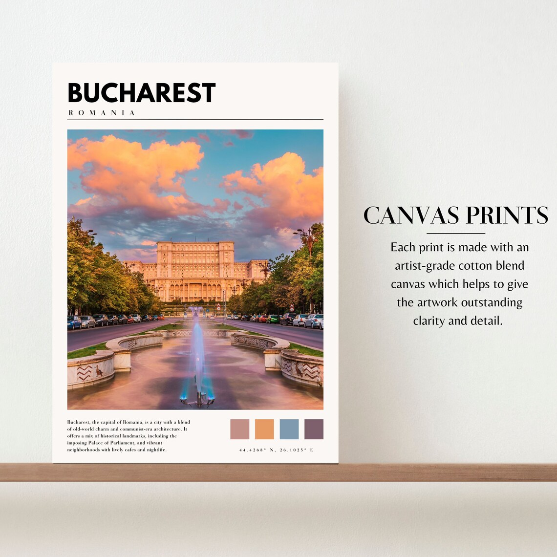 Bucharest Romania Palace of Parliament Sunset Fountain Travel Poster - Image 2