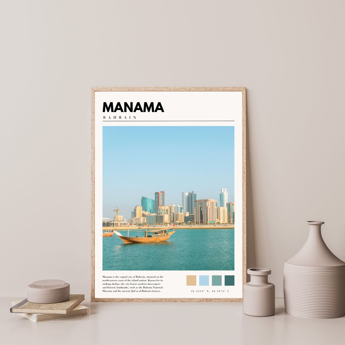 Manama Bahrain Harbor Skyline Dhow Boat Waterfront City Poster - Image 4
