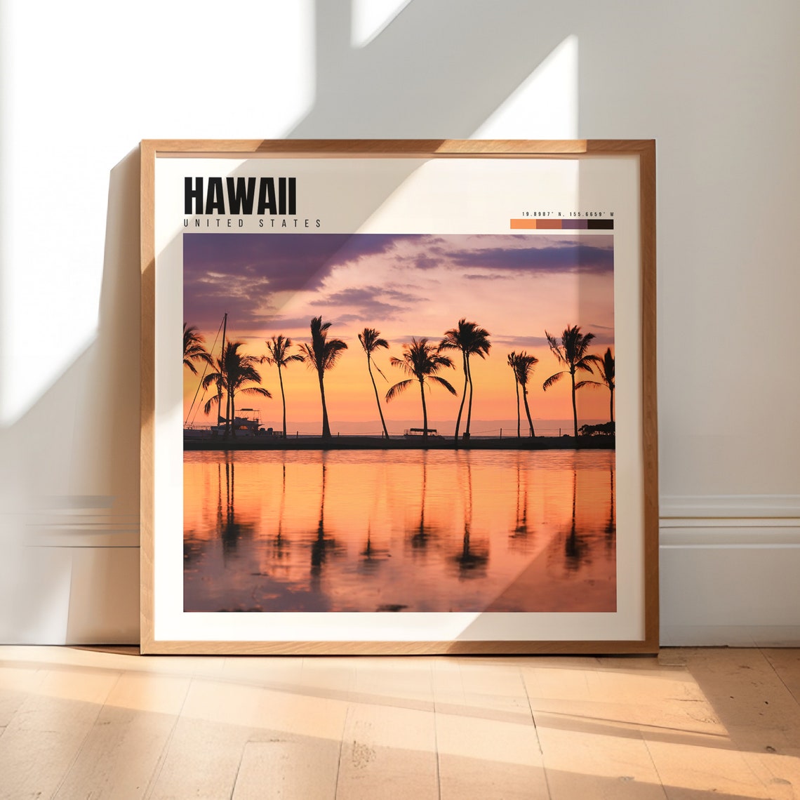 Hawaii Palm Tree Silhouettes at Sunset Over Calm Water Poster