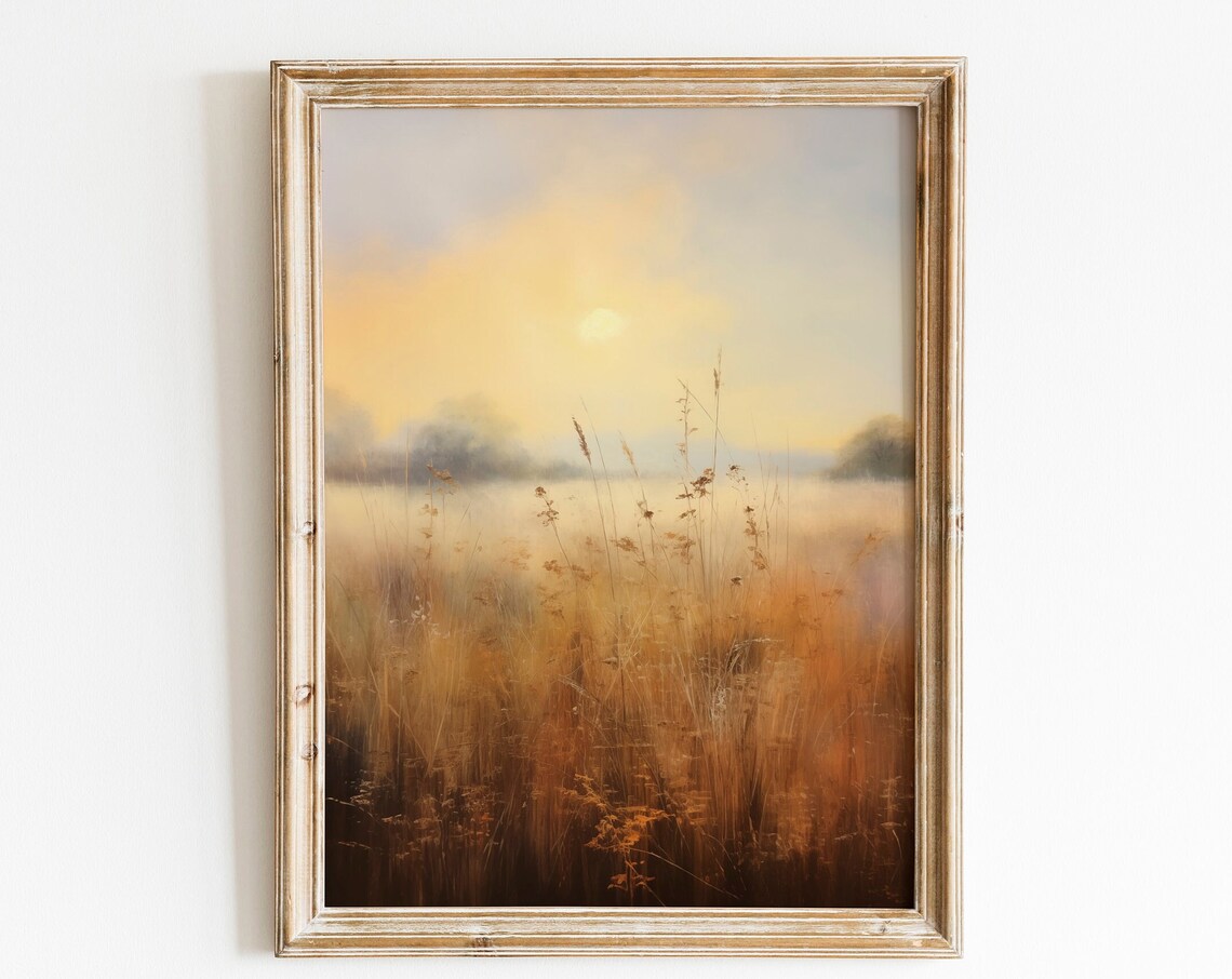 Golden Sunrise Field Misty Autumn Landscape Oil Painting Wall Art