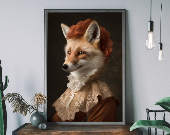 Fox Vintage Portrait Renaissance Animal Painting Altered Art Print Human Body Cool Home Decor