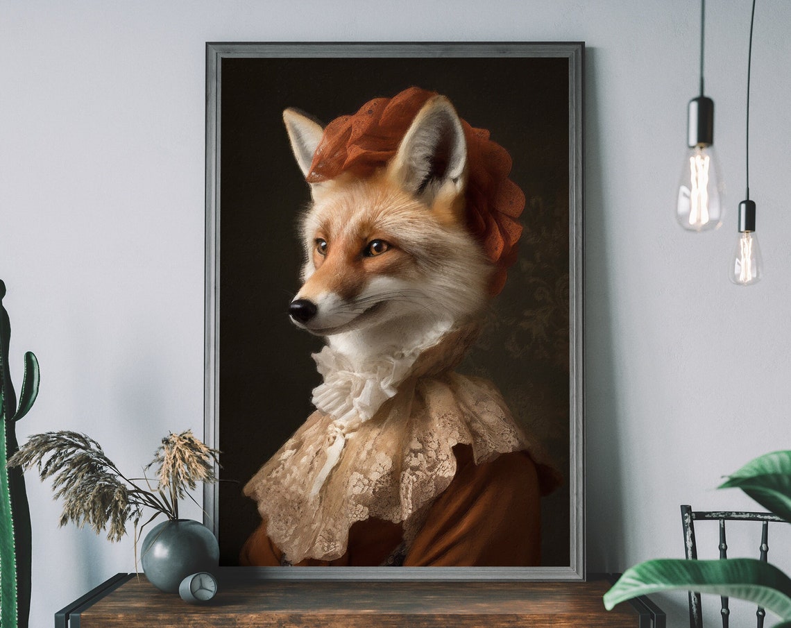 Regal Fox Portrait Lace Bonnet Vintage Renaissance Animal Art Poster