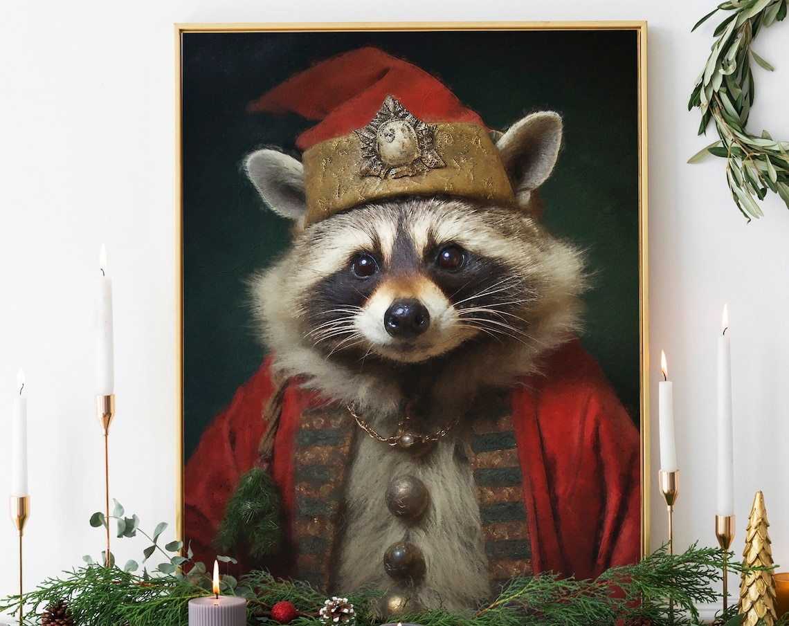 Christmas Raccoon Vintage Portrait Art Print