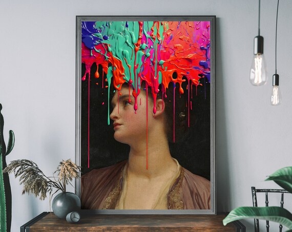 Victorian Lady Neon Paint Drip Profile Altered Portrait Poster