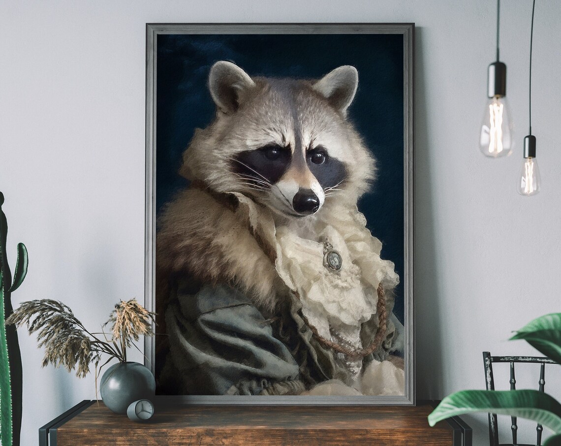 Raccoon Portrait Art Print, Victorian Animal Painting