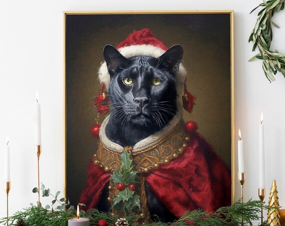 Christmas Black Panther Vintage Renaissance Portrait Santa Hat Poster
