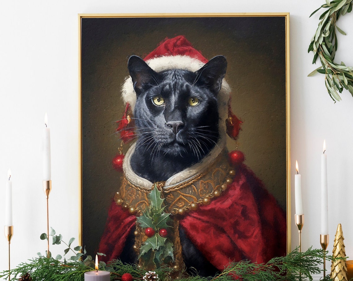 Christmas Black Panther Vintage Renaissance Portrait Santa Hat Poster