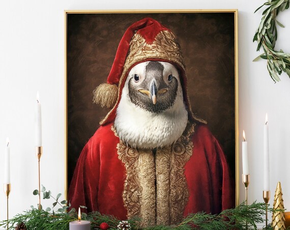 Christmas Penguin Vintage Portrait Santa Hat Festive Animal Poster