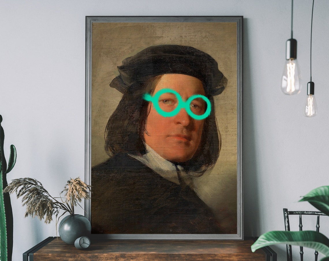 Renaissance Gentleman Teal Graffiti Glasses Funny Altered Art Poster