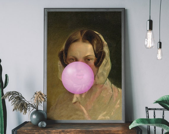 Bubblegum Lady Print Altered Graffiti Art Urban Vintage Modern Pink