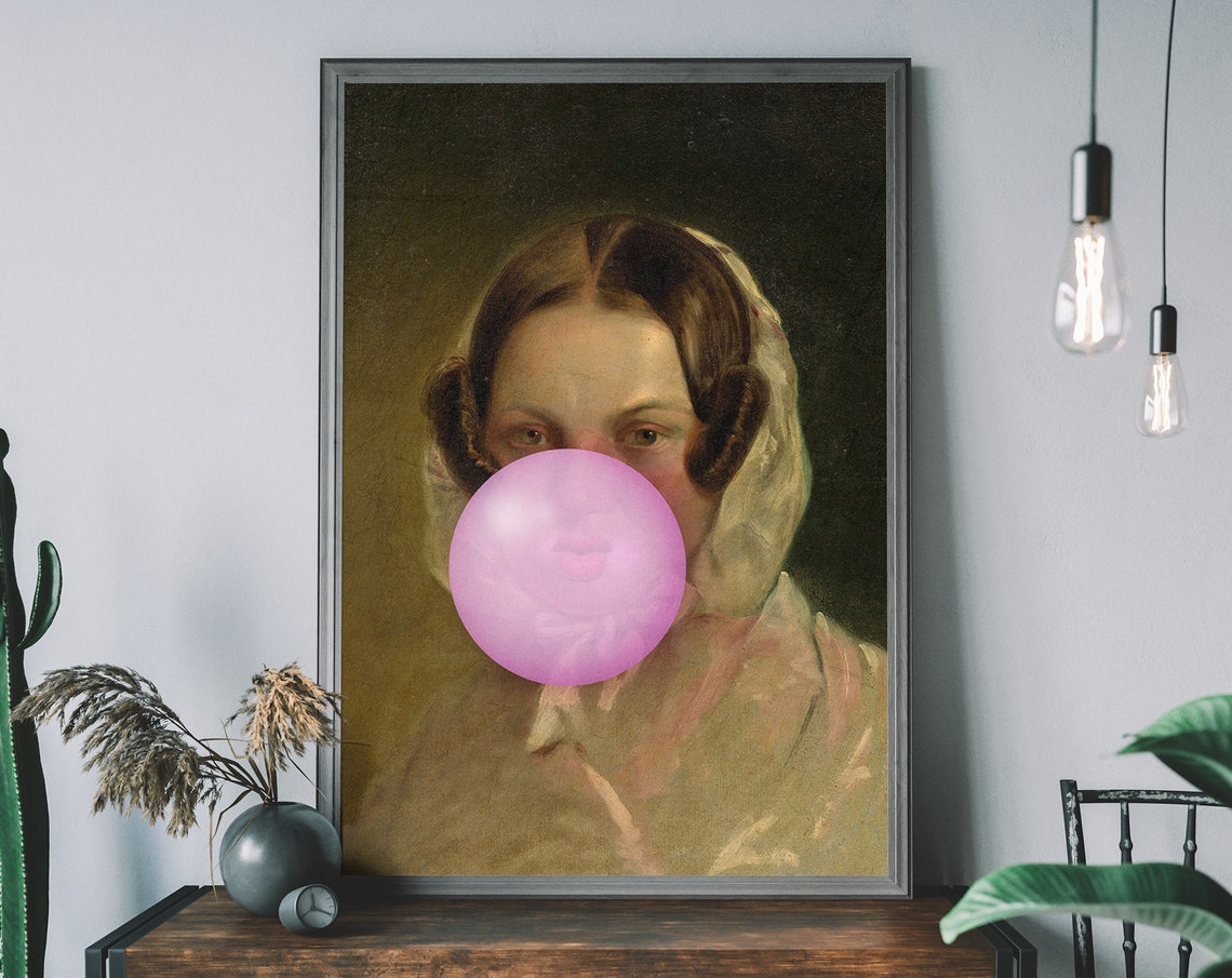 Bubblegum Lady Print Altered Graffiti Art Urban Vintage Modern Pink
