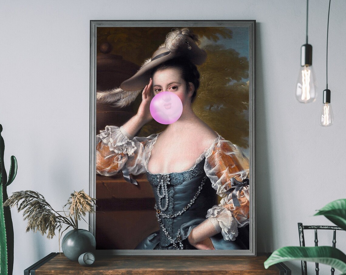Bubblegum Lady Print, Urban Vintage Pink Portrait