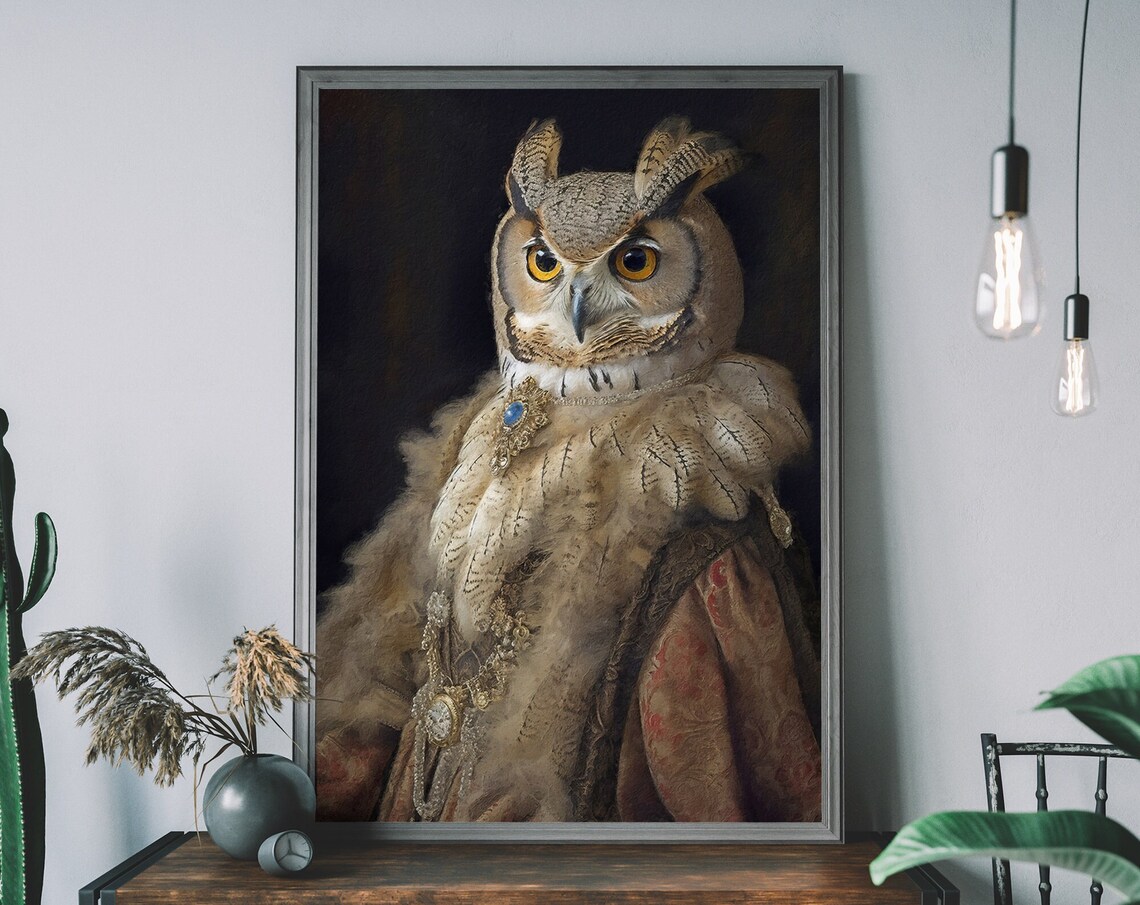 Majestic Owl Portrait Jeweled Gown Renaissance Animal Art Poster