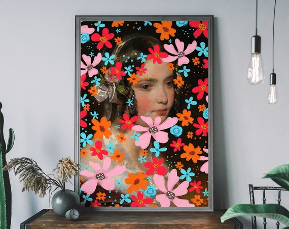Vintage Portrait Girl Modern Cartoon Flowers Colorful Altered Art Poster