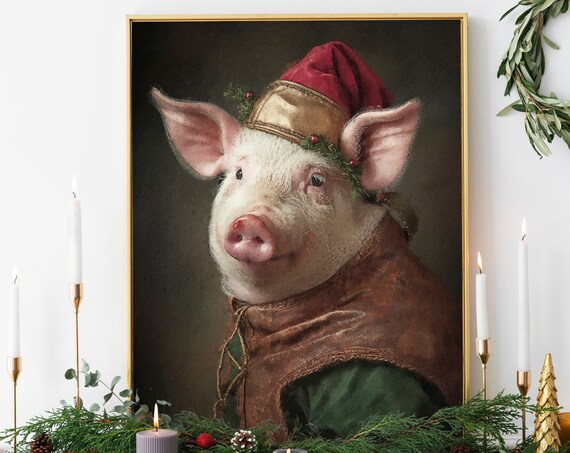 Christmas Pig Vintage Portrait Renaissance Festive Animal Painting Print